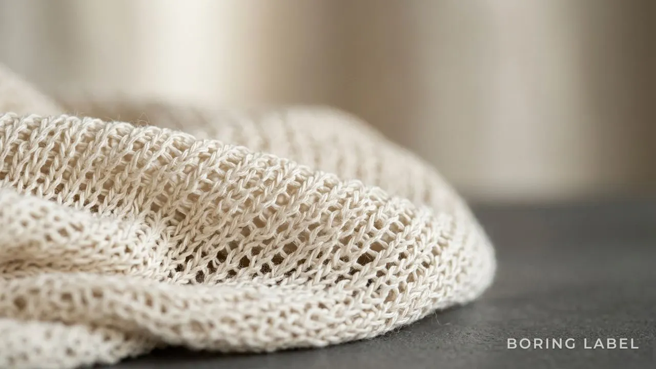 Macro close-up of lightweight open-knit cotton jersey showing breathable texture and fine yarn, neutral ecru tone, gentle directional daylight