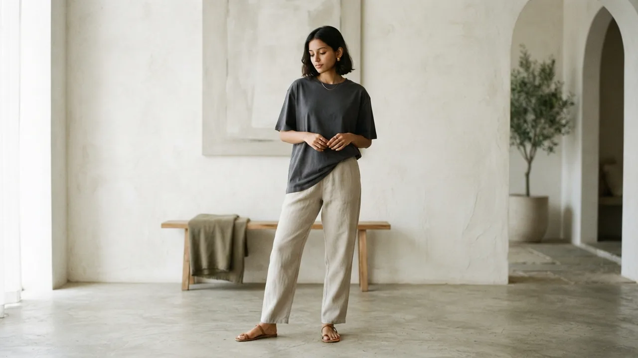 Petite model wearing an oversized charcoal tee half-tucked into high-waisted straight trousers, neutral studio background, soft daylight, minimalist editorial styling