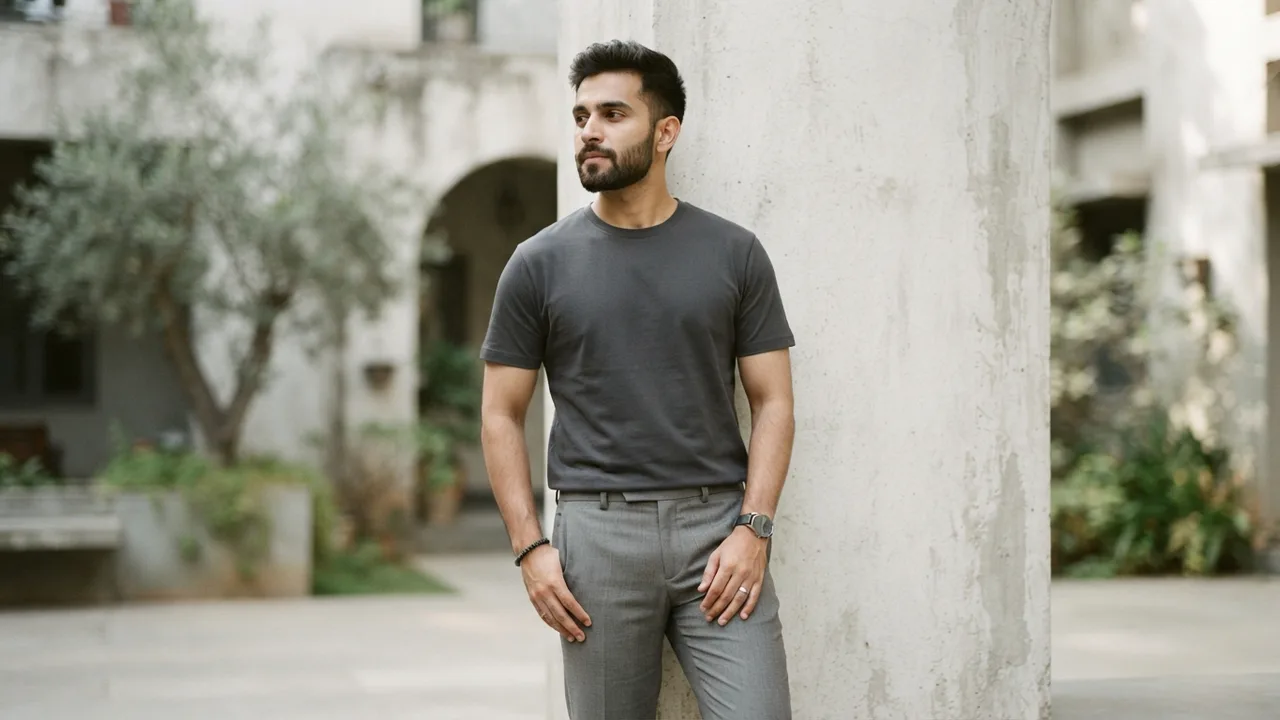 Minimalist editorial photo illustrating accessorising to reinforce, not distract from, the proportion work, muted neutral tones, soft natural light, premium plain t-shirt context
