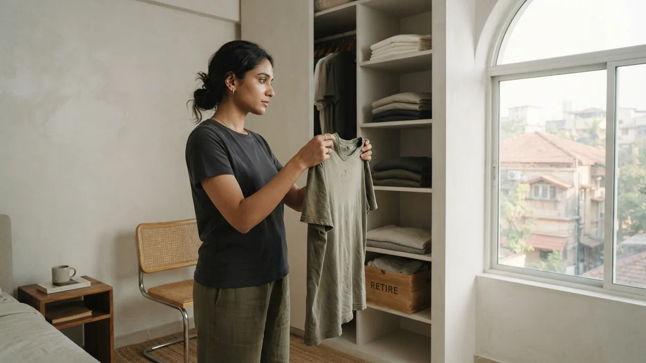 Minimalist editorial photo illustrating what to actually retire from the closet, muted neutral tones, soft natural light, premium plain t-shirt context