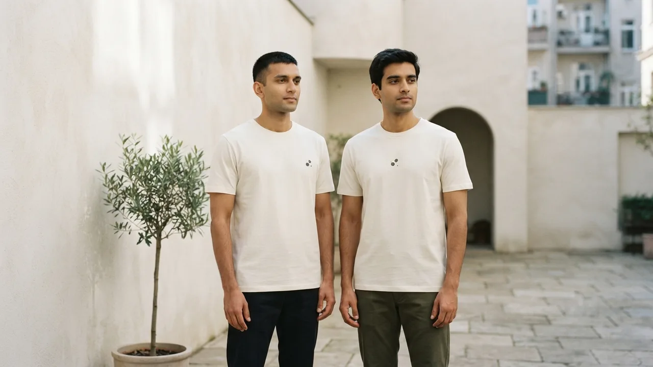 Minimalist editorial photo illustrating left chest versus centre chest placement, muted neutral tones, soft natural light, premium plain t-shirt context
