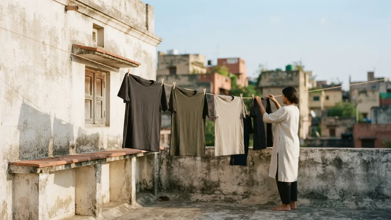 Sunlit clothesline with dark cotton t-shirts drying outdoors, bright post-monsoon autumn light, clear sky, warm natural colour palette