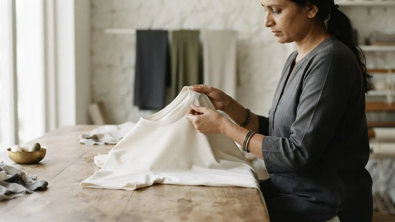 Minimalist editorial photo illustrating step four: elastic, seams, and structural checks, muted neutral tones, soft natural light, premium plain t-shirt context