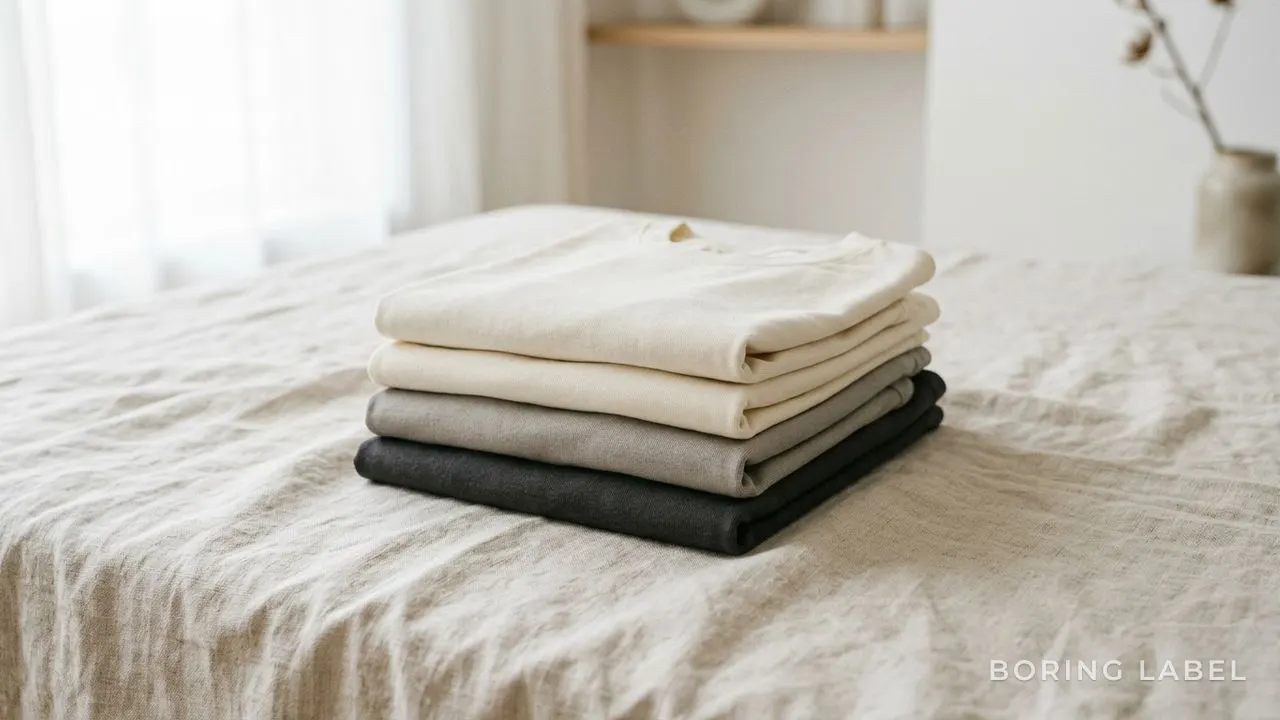 Folded stack of plain neutral t-shirts in cream, stone and charcoal on a pale linen surface, soft daylight, calm minimal still life