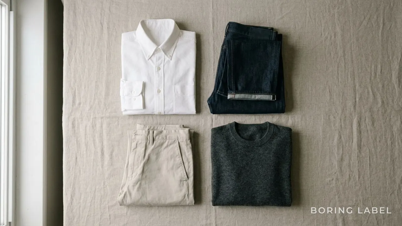 Neutral wardrobe flat lay with a white oxford shirt, dark denim, stone trousers and a folded knit, arranged tidily on a muted backdrop