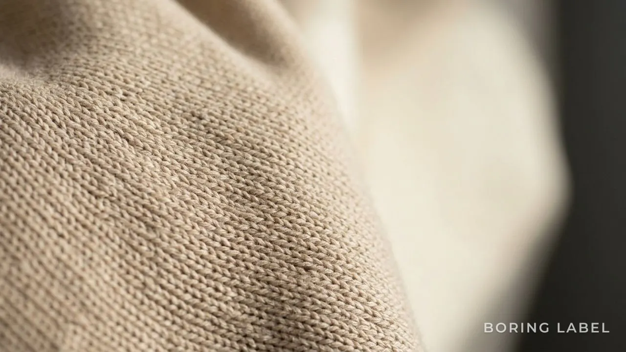 Close-up of fine cotton knit texture with soft natural light raking across the surface, showing a smooth even weave in a warm neutral tone