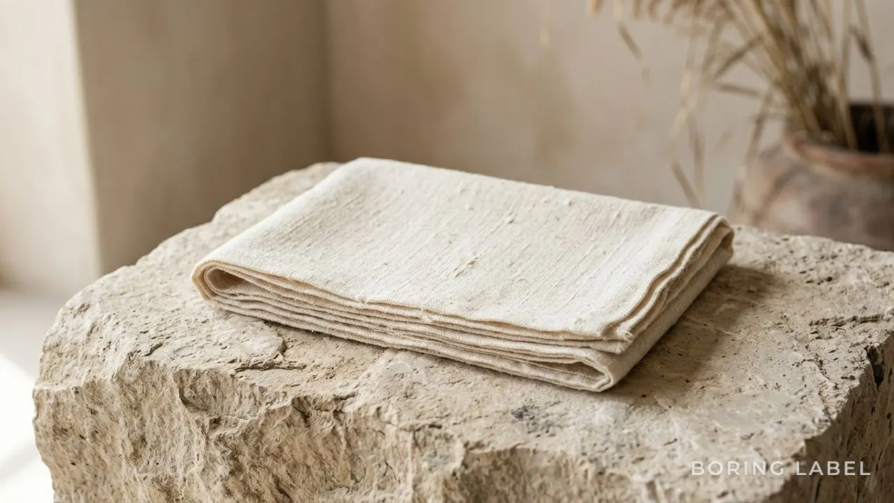 Minimalist editorial still life of a folded undyed handloom cotton textile resting on warm stone, soft natural light, neutral earthy palette, calm composition, no text or logo