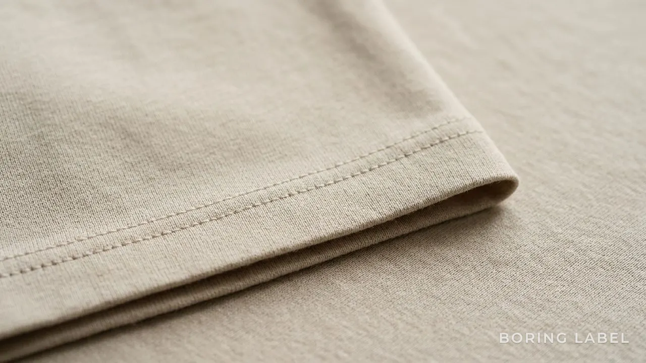 Close-up macro of a tightly knit plain cotton jersey showing a smooth even surface and a clean double-stitched hem, neutral stone tone, soft diffused daylight