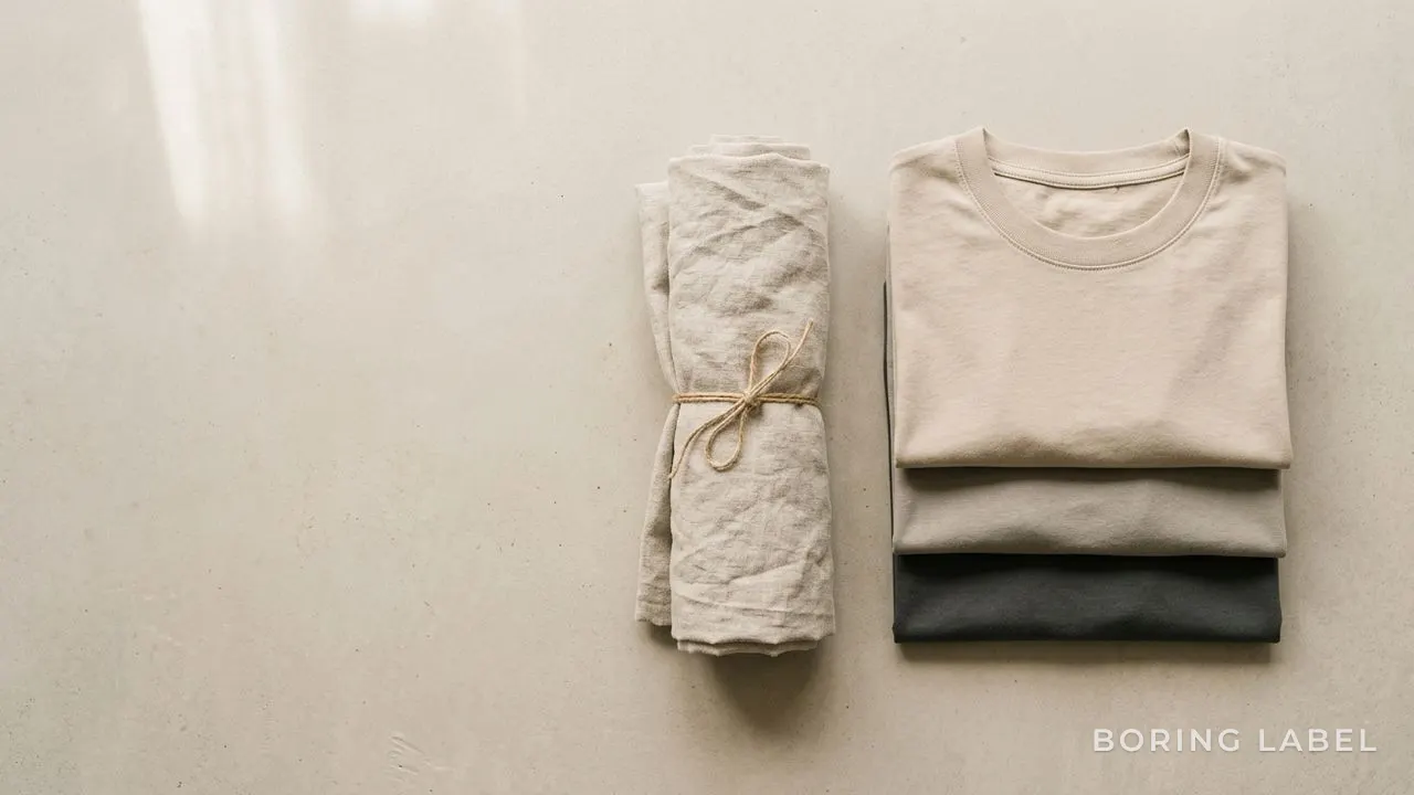 Neutral wardrobe flat-lay of folded plain cotton tees in stone, sand, and charcoal beside a length of natural linen, warm daylight, tidy minimal composition