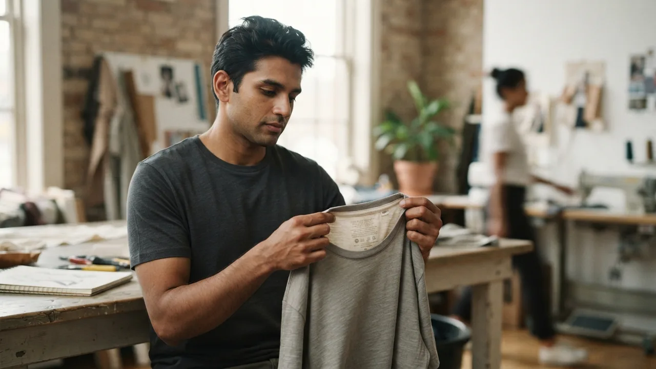 Close-up of a woven fabric label showing recycled content percentage and certification text, neutral cotton tee fabric background, soft natural daylight