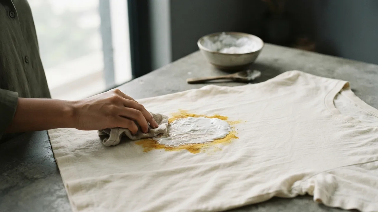 Close-up of a white cotton t-shirt with turmeric stain treatment in progress, baking soda paste on fabric, natural window light, clean minimalist still life