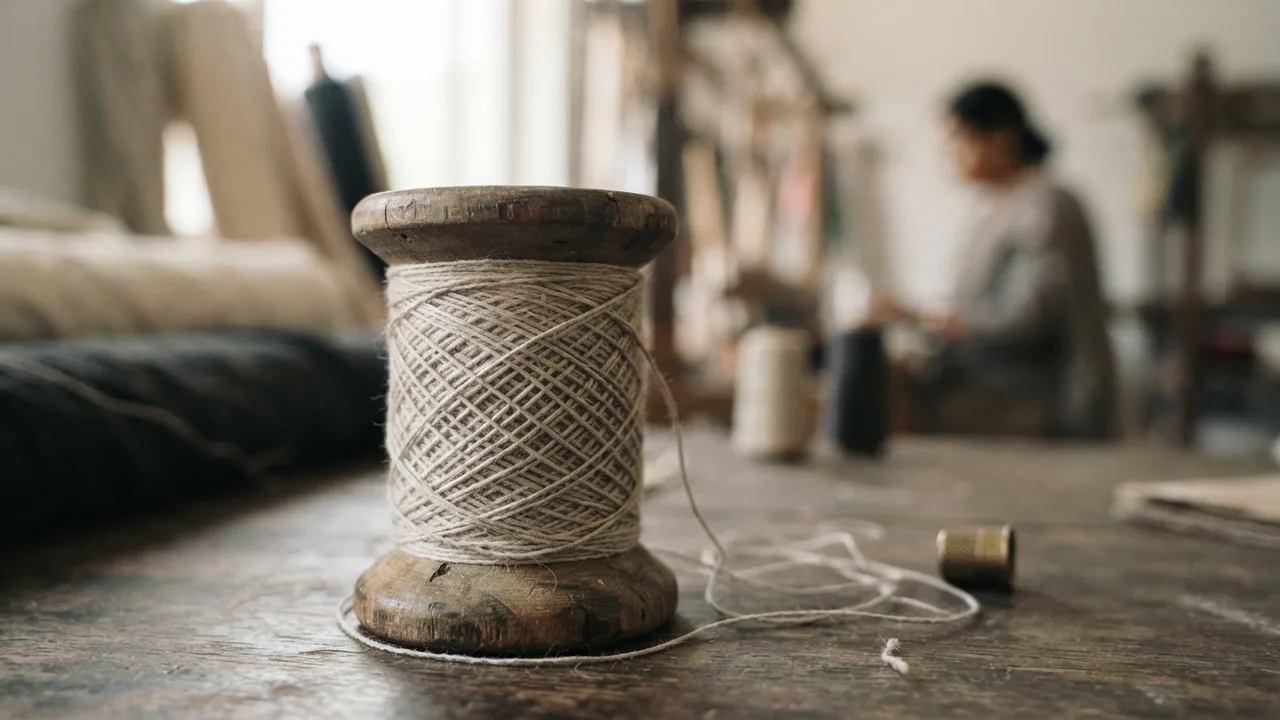 Close-up macro photograph of fine cotton yarn threads on a wooden spool, soft natural light, warm neutral tones, textile craftsmanship detail
