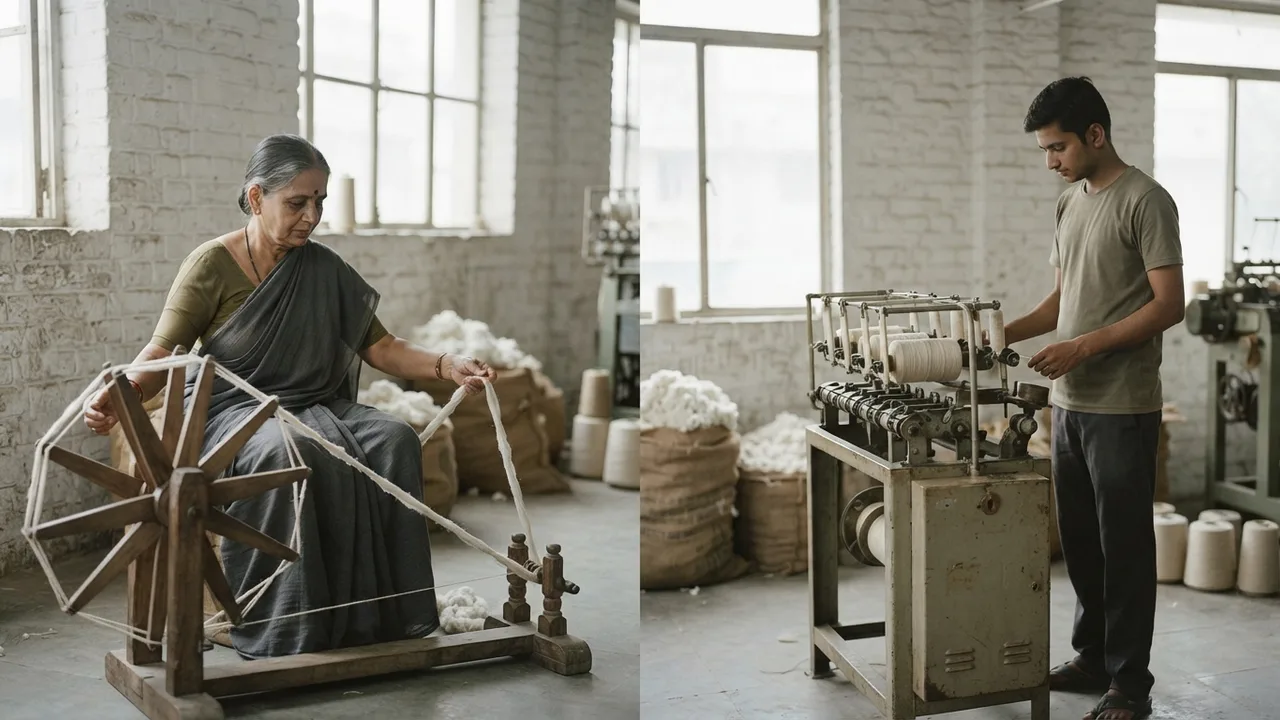 Minimalist editorial photo illustrating the spinning process, mechanically compared, muted neutral tones, soft natural light, premium plain t-shirt context