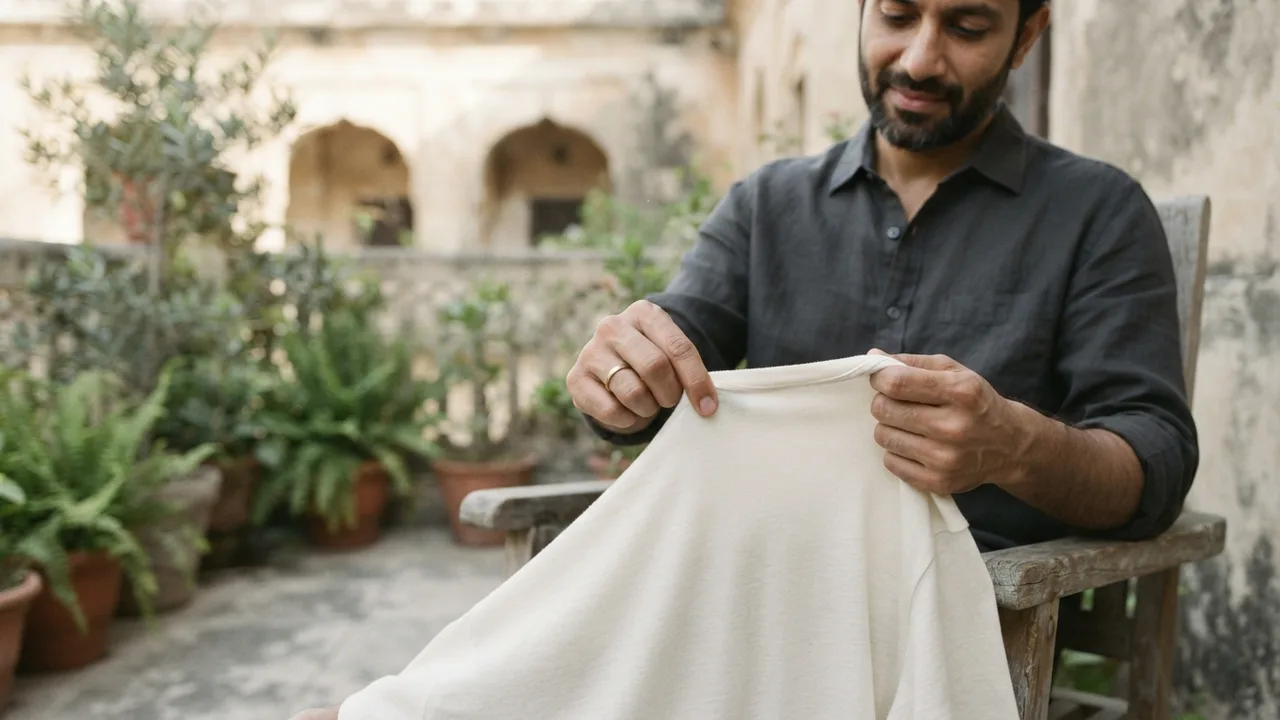 Minimalist editorial photo illustrating how to check whether a tee is actually ring-spun, muted neutral tones, soft natural light, premium plain t-shirt context