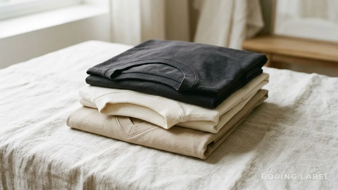 Three folded plain cotton t-shirts stacked on a pale linen surface showing a rounded neckline, a higher ribbed collar, and a v-shaped neckline, soft natural daylight, neutral cream and charcoal tones, minimalist editorial still life, negative space, matte