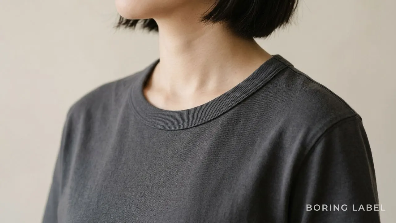 Close-up of a charcoal cotton t-shirt collar showing a clean rounded ribbed neckline curving across the upper chest, soft window light raking across the matte knit, neutral beige background, calm minimalist composition, negative space
