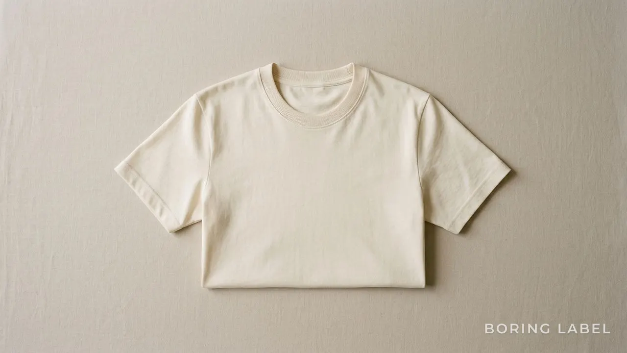 A single cream cotton round-neck t-shirt laid flat and smooth on a pale neutral surface, the rounded neckline centred and clearly visible, soft diffused daylight, gentle shadows, matte premium knit, minimalist editorial composition, lots of negative space