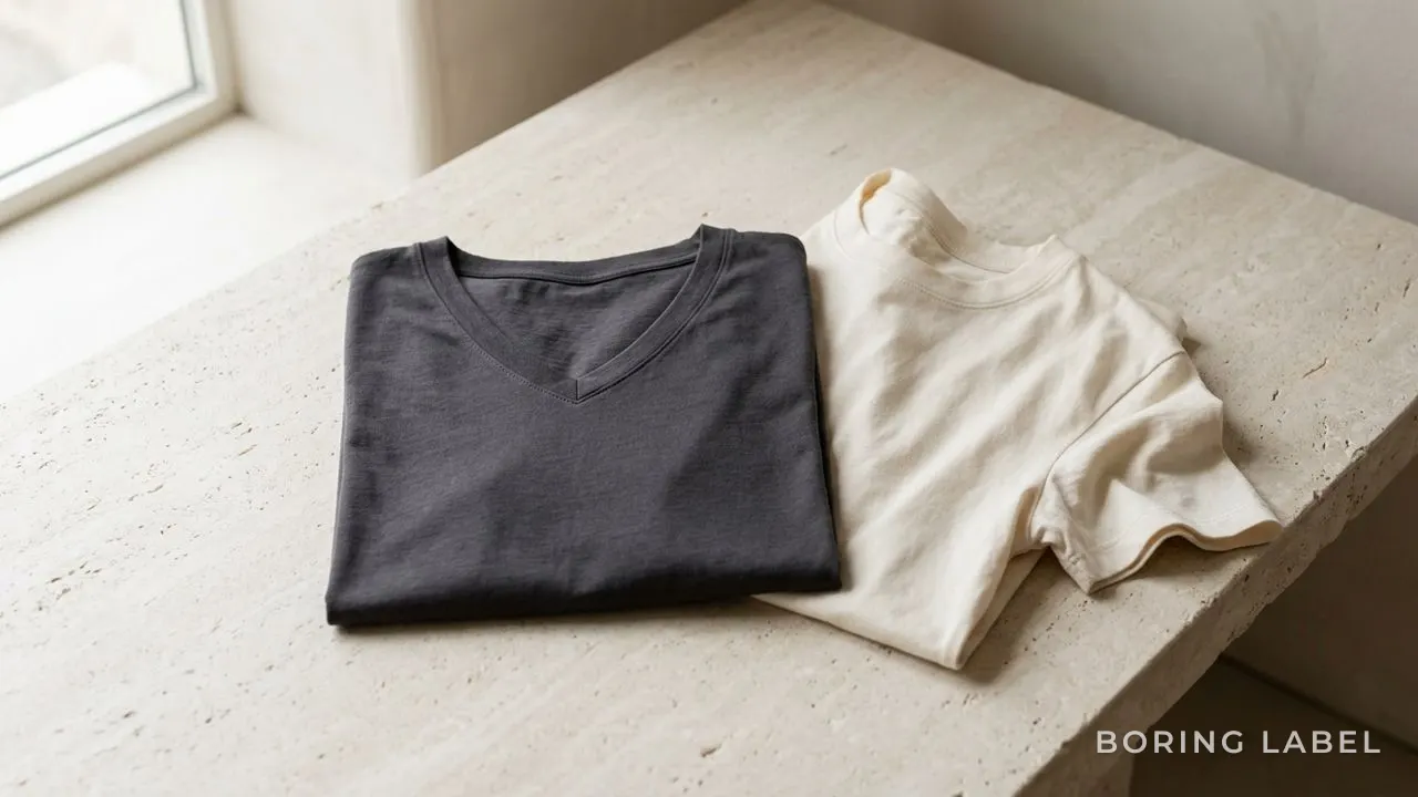 A folded charcoal V-neck cotton t-shirt resting on a pale stone surface beside a softly draped cream tee, the shallow angled neckline catching low natural daylight, neutral muted palette, matte knit texture, calm minimalist editorial still life with negative space