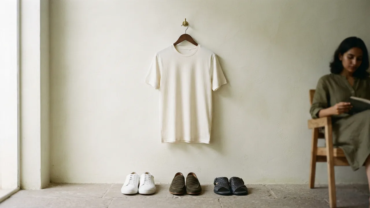 White leather sneakers, loafers and sandals lined up beneath a hanging plain t-shirt, muted neutral tones, soft natural light
