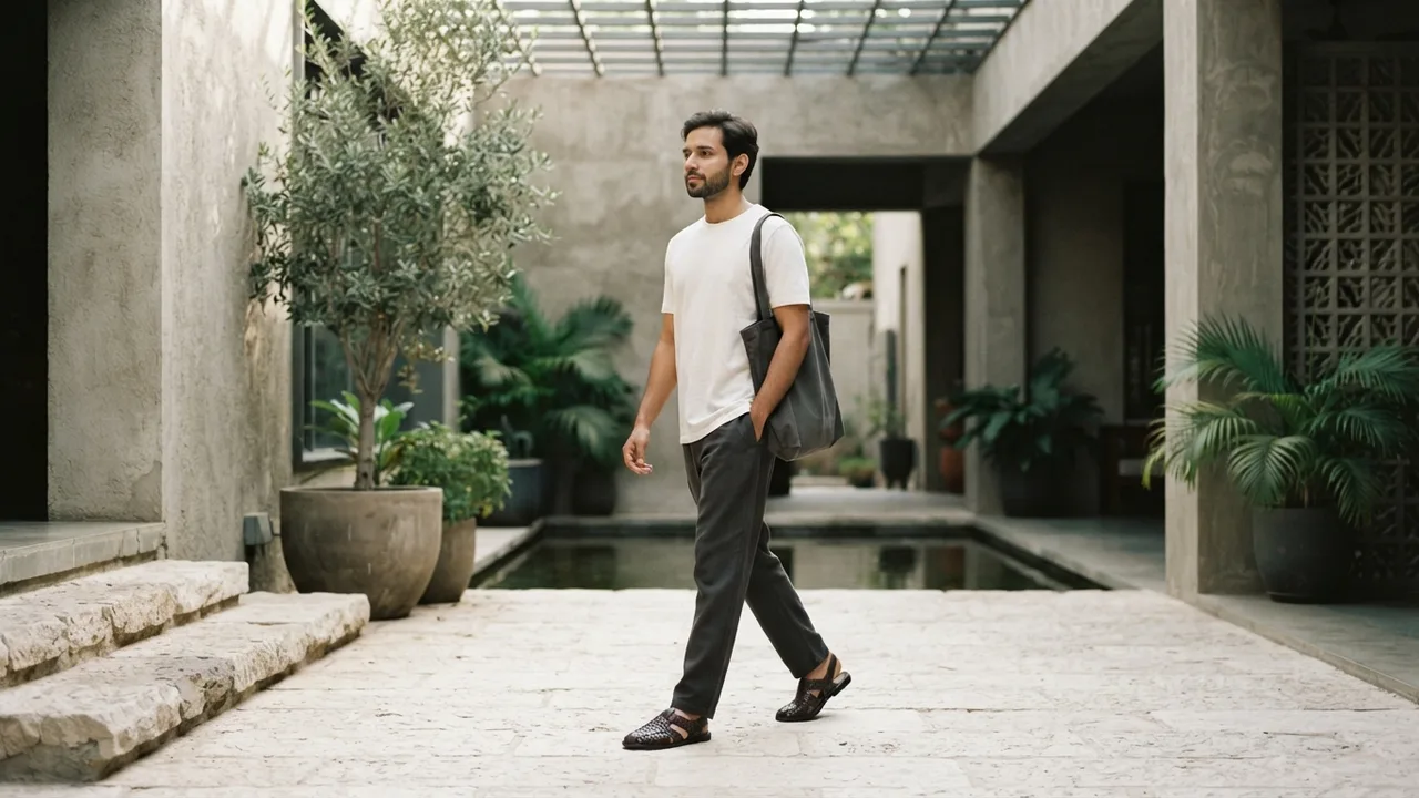 Minimalist editorial photo illustrating peak summer rewards breathable uppers and open-ish constructions like woven sneakers or leather sandals over anything dense and heat-trapping. winter, mostly relevant in the north, is really the only season where boots earn consistent daily wear rather than occasional styling., muted neutral tones, soft natural light, premium plain t-shirt context