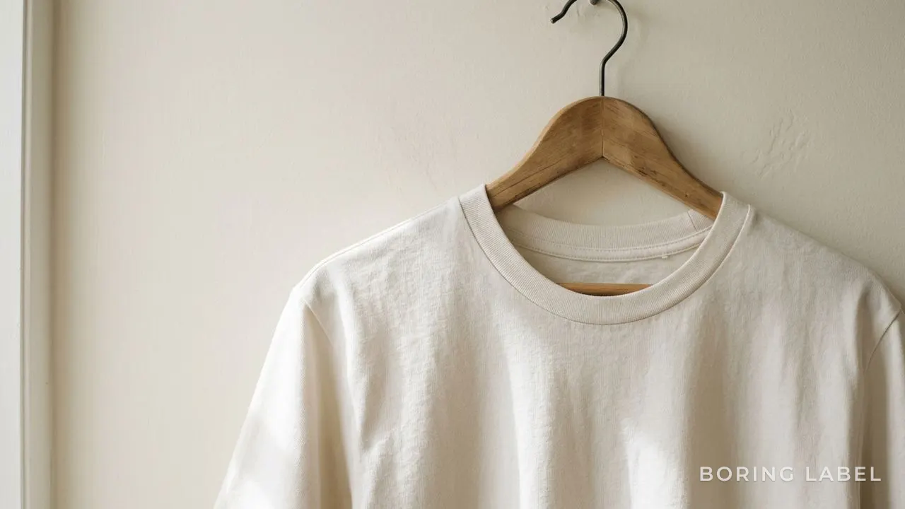 Close-up of a plain crew-neck tee on a wooden hanger, shoulder seam sitting cleanly at the edge, soft daylight raking across the cotton weave.