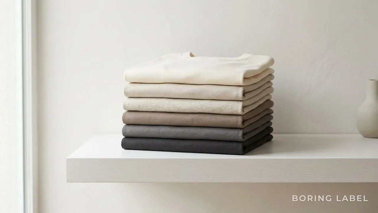 A neat stack of folded neutral cotton tees on a pale shelf, crisp edges and smooth fabric, calm even natural light, no creases.
