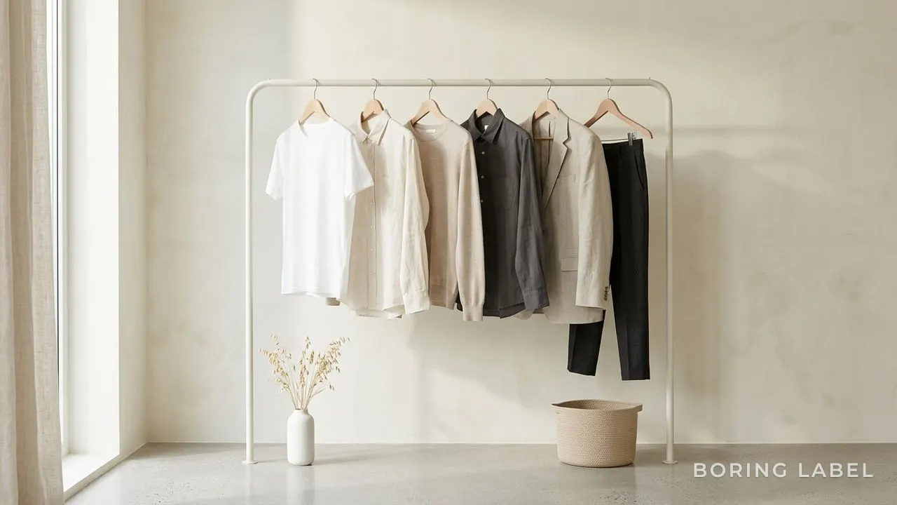 A tidy minimalist wardrobe rail with a few plain neutral garments evenly spaced on matching hangers, uncluttered and considered, warm soft light.
