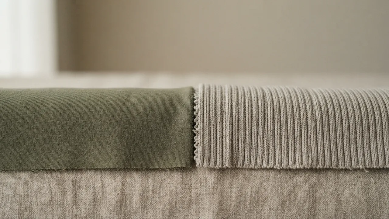 Macro close-up comparing two knit textures side by side, smooth single jersey cotton on the left and denser ribbed interlock cotton on the right, soft studio lighting, neutral beige background
