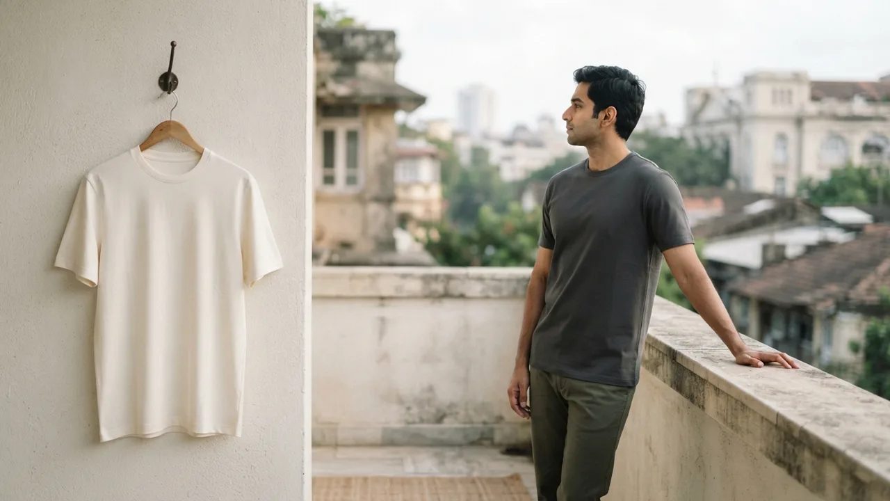 Minimalist editorial photo illustrating interlock, being denser and more structurally stable, holds its shape better on a hanger and dries slower due to its doubled thickness, which means it needs more airflow time between wears, particularly in humid conditions. neither knit benefits from high heat drying, since heat accelerates fibre breakdown and shrinkage risk in both structures roughly equally., muted neutral tones, soft natural light, premium plain t-shirt context