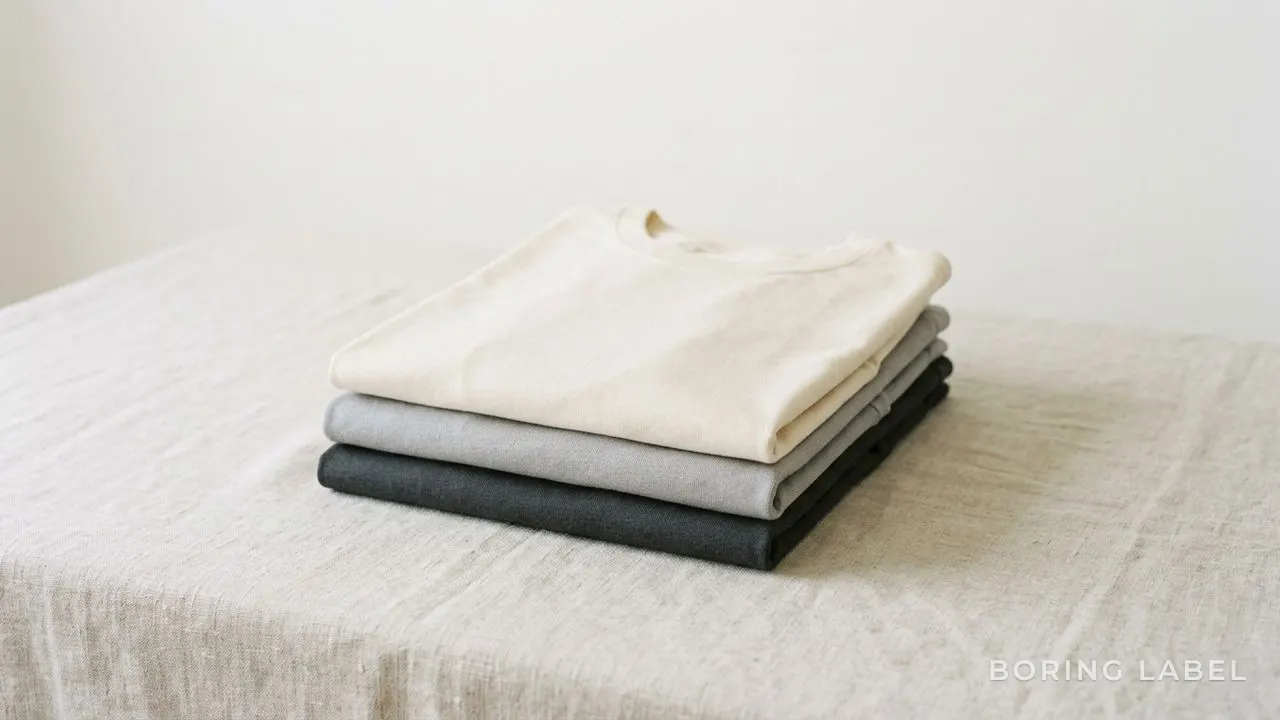 A trio of folded plain crew-neck t-shirts in cream, soft grey and charcoal stacked on a pale linen surface, soft natural daylight from the side, generous negative space, matte fabric texture, calm minimalist editorial still life