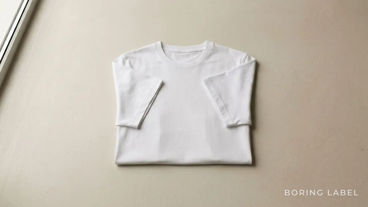 A single slim-cut plain white cotton t-shirt laid flat on a smooth cream surface, sleeves folded neatly inward, crisp clean lines, soft directional daylight raking across the matte jersey, minimalist editorial composition, abundant negative space