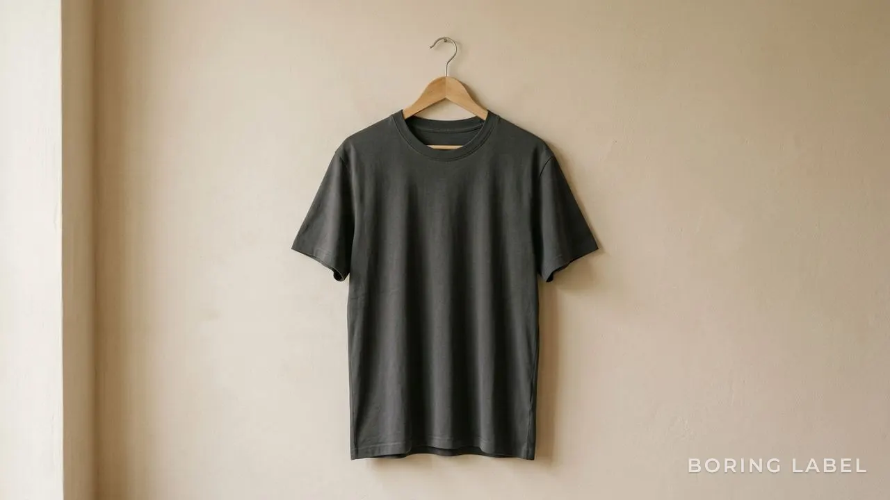 A relaxed-fit plain charcoal t-shirt draped softly over a plain wooden hanger against a warm beige wall, the fabric falling in a clean even column, gentle natural daylight, matte cotton surface, calm minimalist editorial still life with negative space