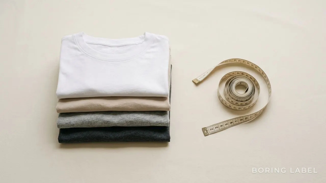 A neatly folded stack of plain t-shirts in neutral tones beside a soft measuring tape coiled on a pale cream surface, soft even daylight, matte cotton texture, minimalist editorial flat-lay with generous negative space and no text