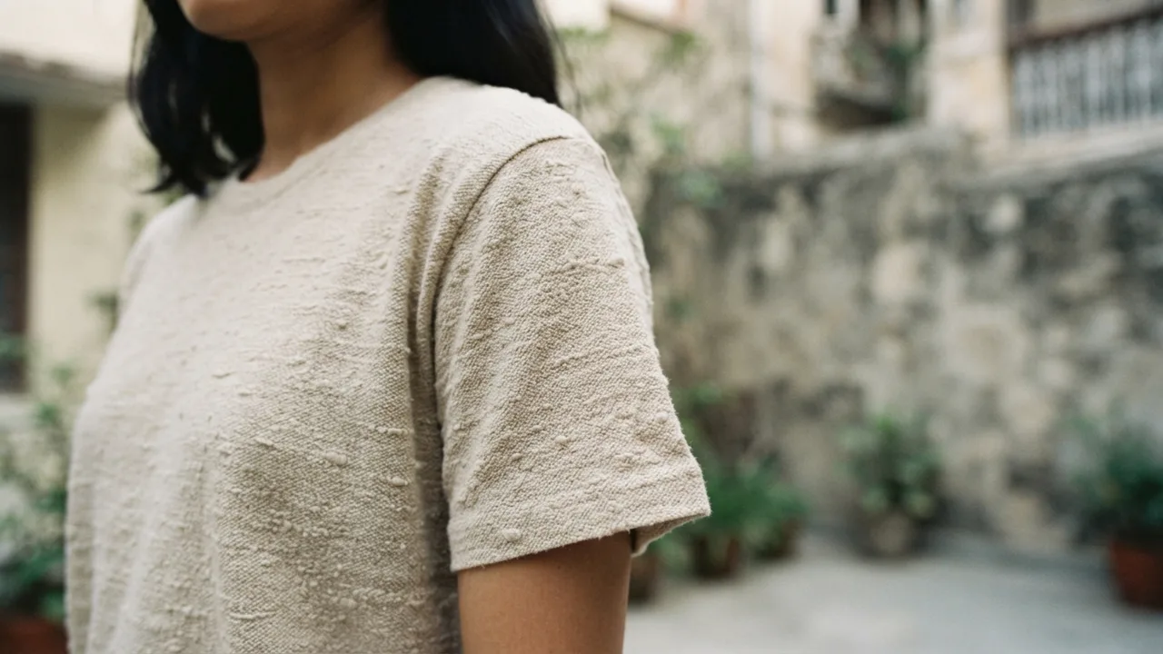 Close-up texture shot of slub cotton knit fabric showing irregular thick-and-thin yarn variation, warm natural light, oatmeal and beige tones, tactile editorial photography