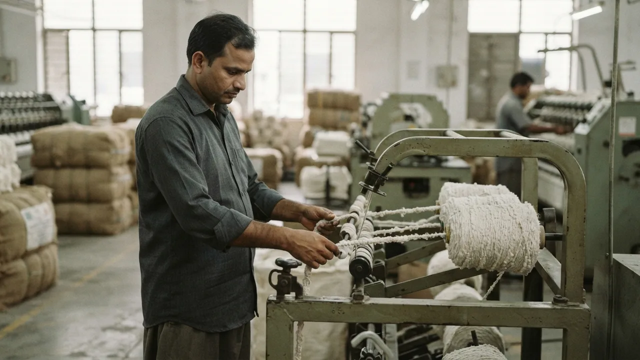 Minimalist editorial photo illustrating how slub yarn is actually made today, muted neutral tones, soft natural light, premium plain t-shirt context