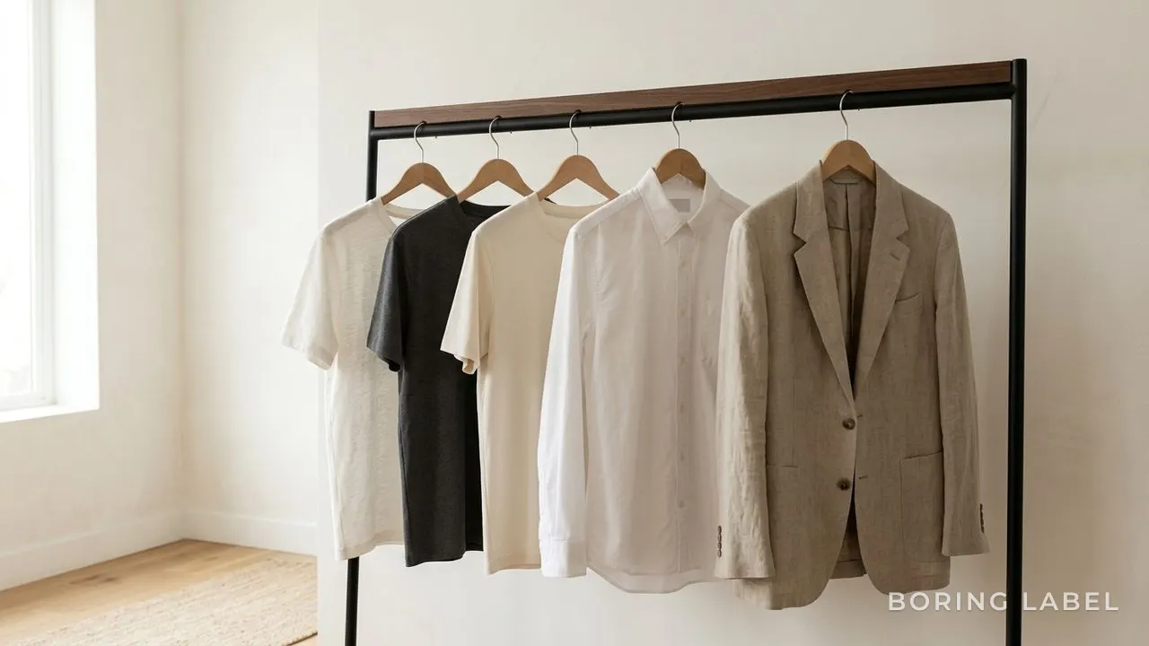 A tidy clothing rail of neutral basics - plain tees, an oxford shirt and an unstructured blazer hanging in earthy tones, soft natural light, calm minimalist editorial photography