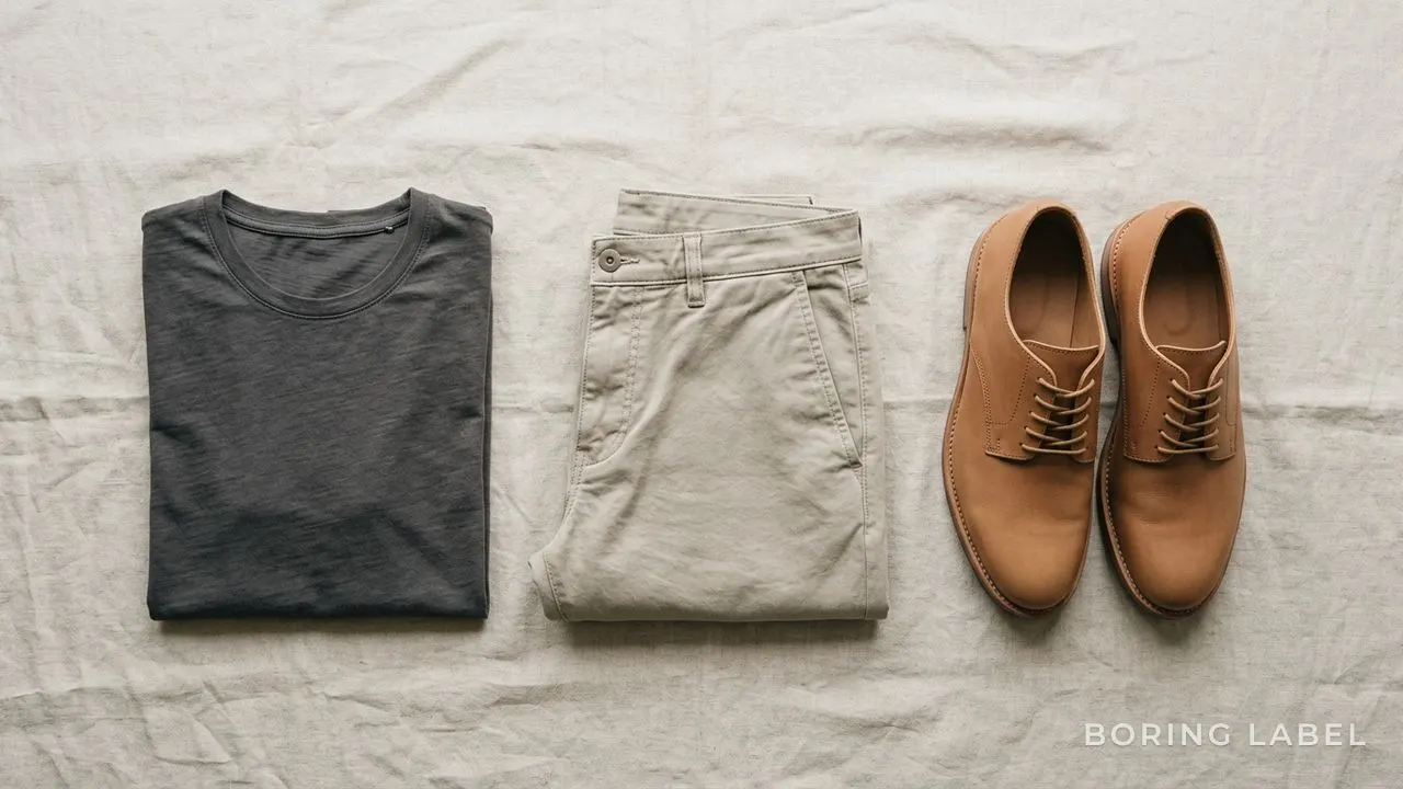 A neutral flat-lay of a folded plain tee, stone chinos and clean tan leather shoes on a pale linen surface, soft daylight, muted earthy palette, considered minimalist composition