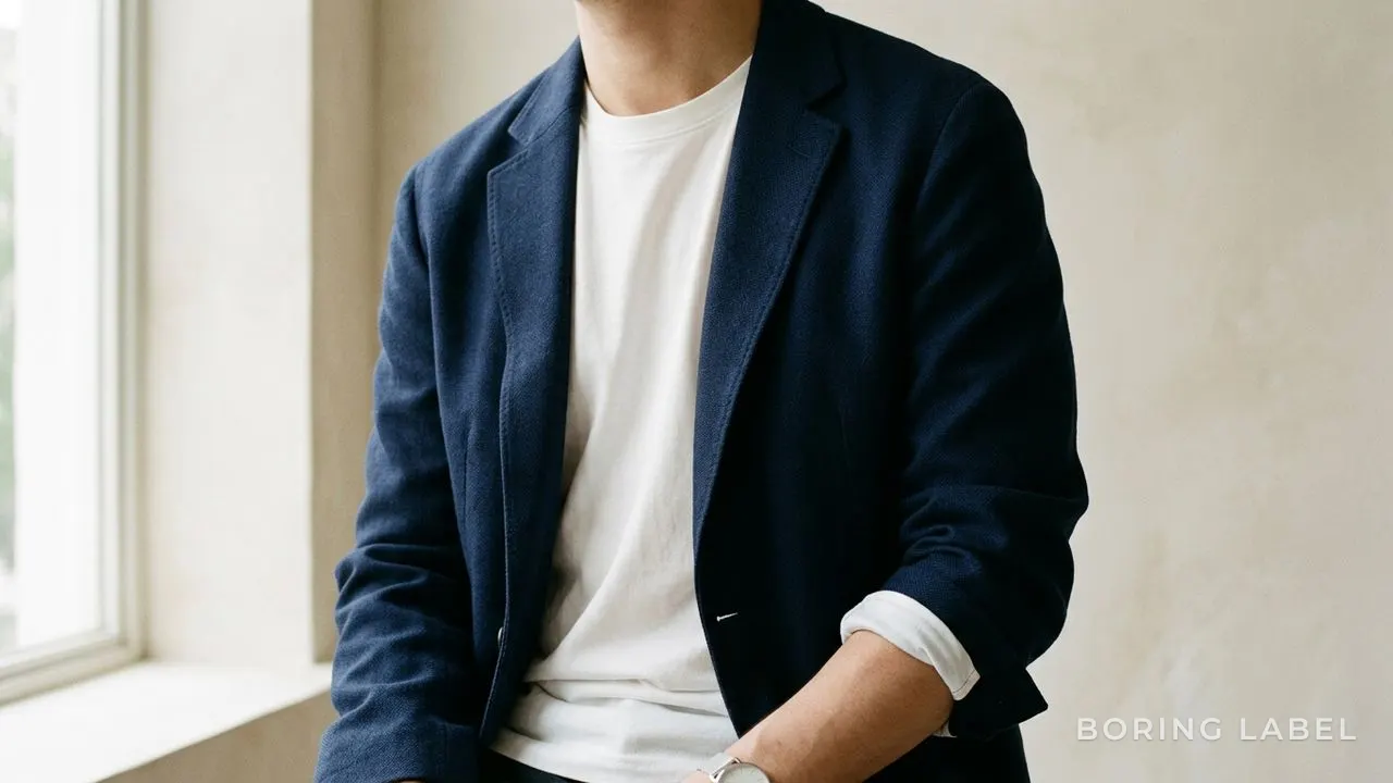 Detail of an unstructured navy blazer worn open over a plain crew-neck tee, soft shoulder and rolled sleeve, neutral background, soft window light, quiet editorial menswear photography