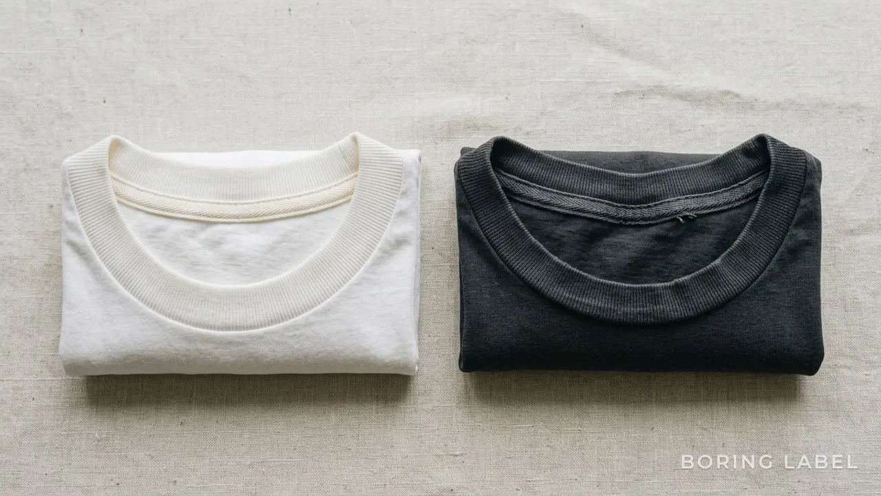 Macro still life of two folded cotton t-shirt collars on a pale linen surface, one with crisp even neck ribbing and a neat sewn-in tape, the other with loose uneven ribbing, soft natural daylight, neutral cream tones, generous negative space, no text or logos, matte editorial composition