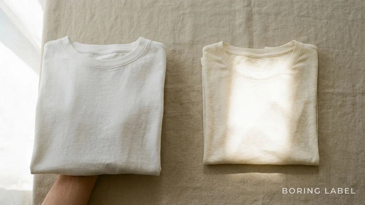 Overhead minimalist still life of a single folded plain cotton tee held up against soft window light showing it is fully opaque, beside a thin translucent tee glowing with light passing through, neutral beige and white palette, calm matte editorial photography, no text or people