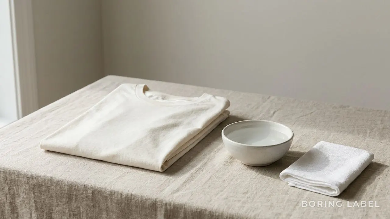 Calm minimalist still life of a folded plain cotton tee on a neutral linen surface beside a small shallow bowl of clear water and a clean white cloth, soft daylight, muted beige and grey palette, lots of negative space, matte editorial photography, no text or logos