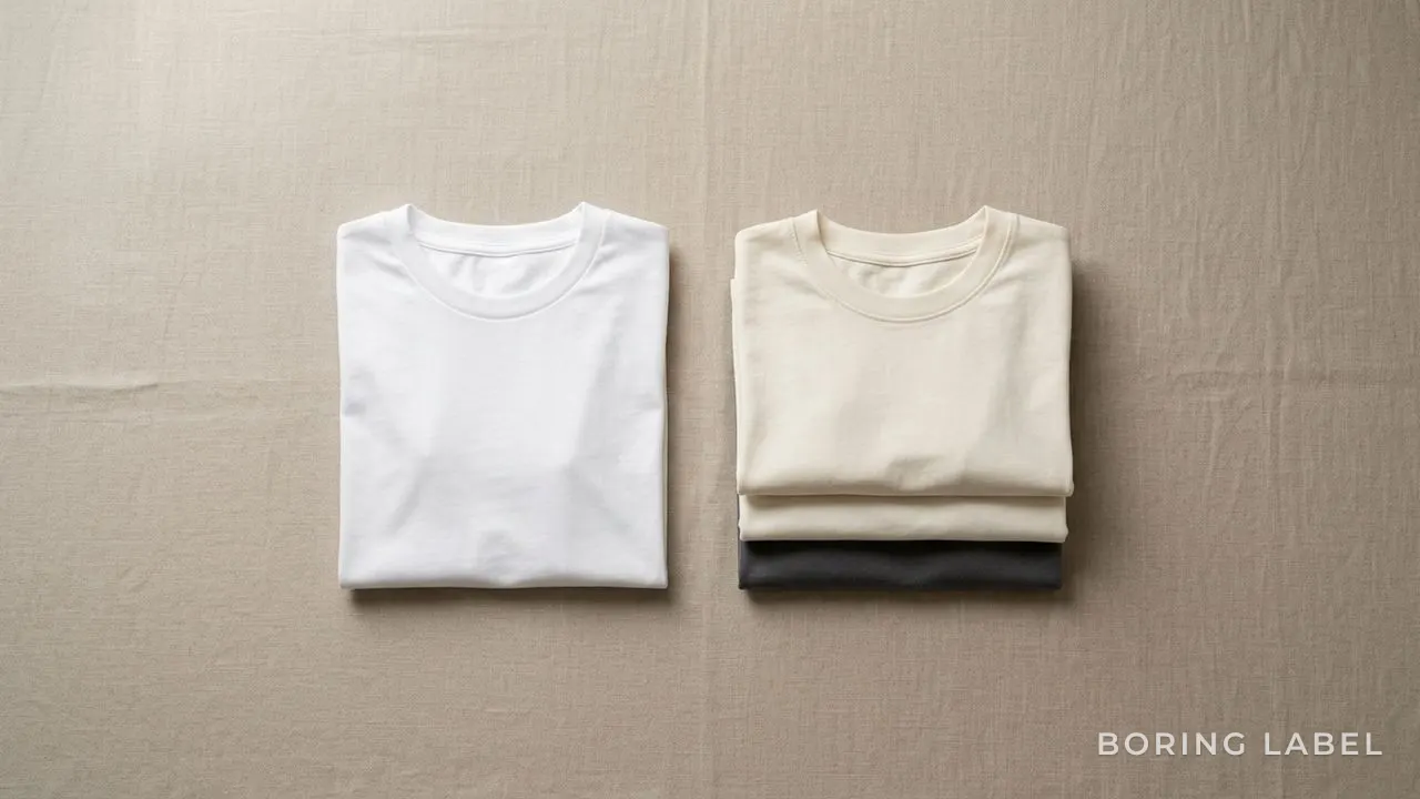 Overhead still life of a folded plain cotton t-shirt beside a small stack of neatly folded tees in cream and charcoal, soft natural daylight, neutral linen surface, generous negative space, matte premium minimalist editorial composition