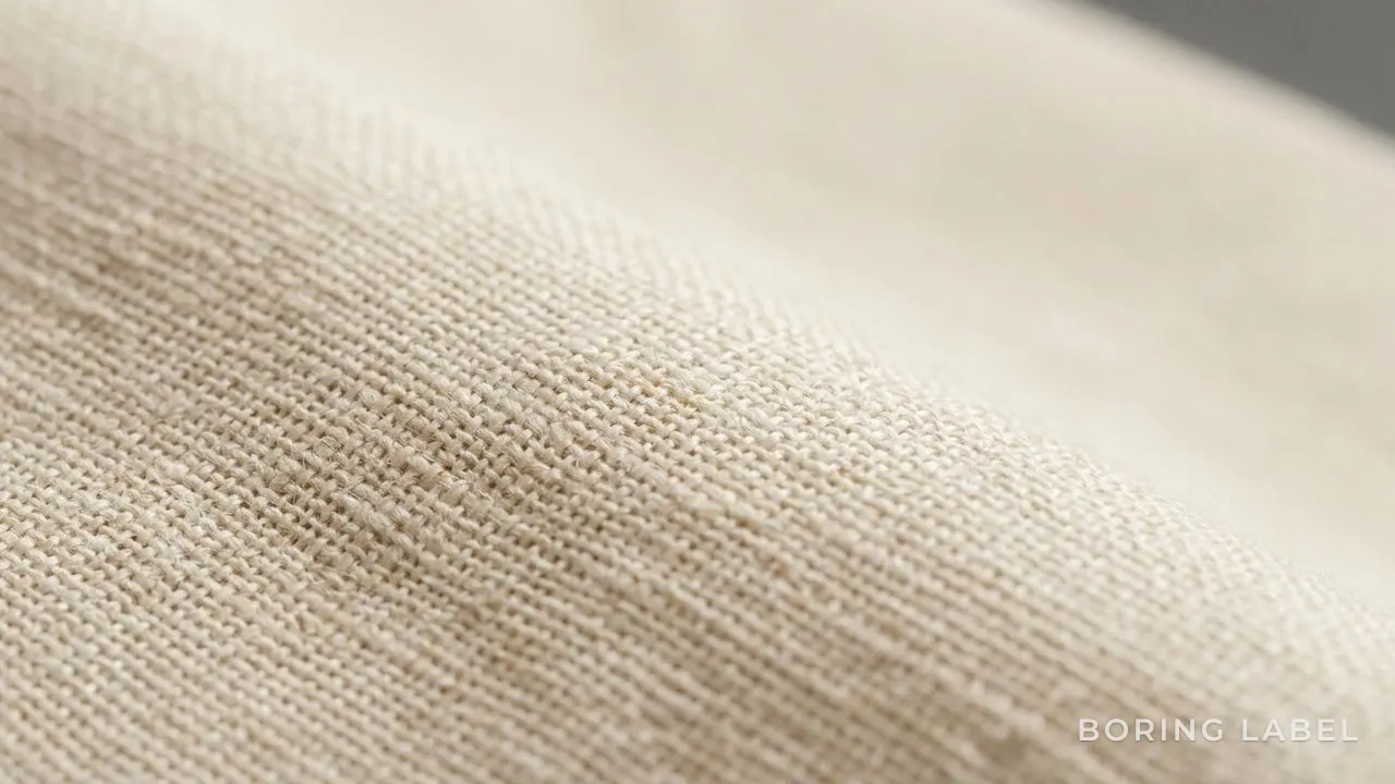 Close-up macro of plain woven cotton fabric showing a clean even surface and subtle natural luster, raking soft daylight across the weave, neutral cream and beige tones, no text, calm matte minimalist still life