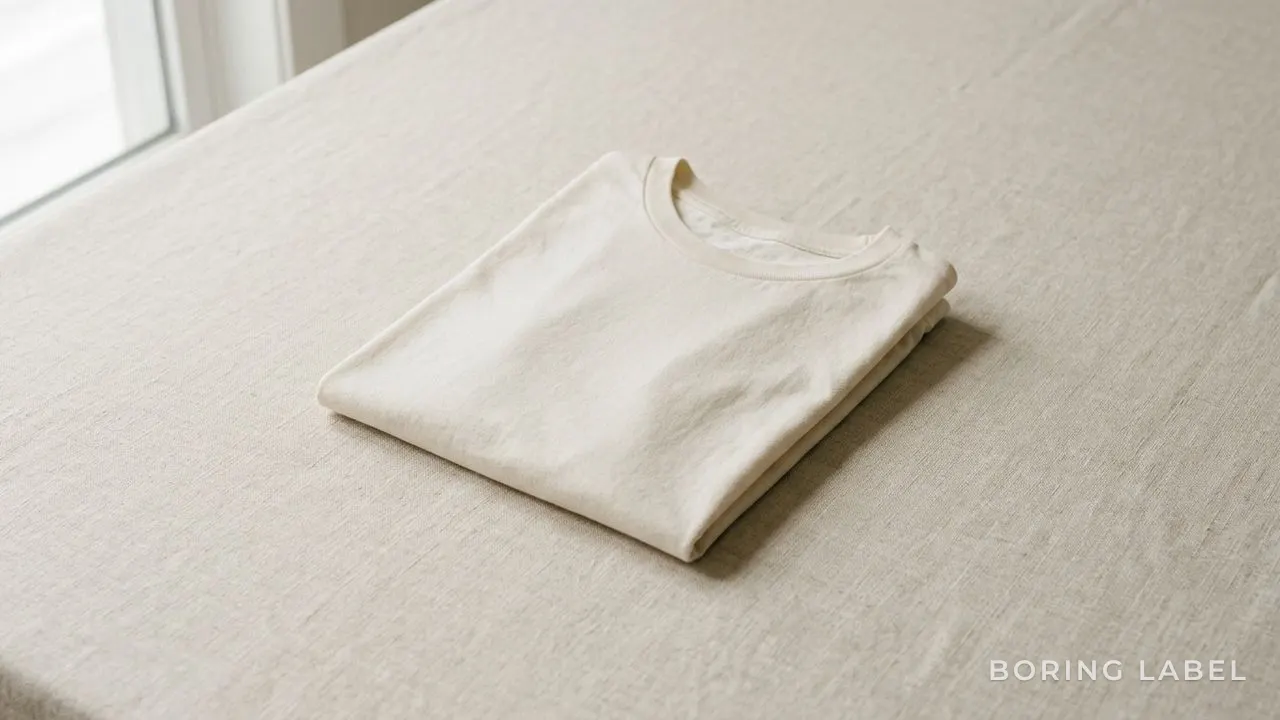 A single plain folded cotton t-shirt resting on a pale neutral surface with a soft shadow, gentle daylight from a window, muted beige and white palette, lots of empty space around it, quiet matte minimalist product still life
