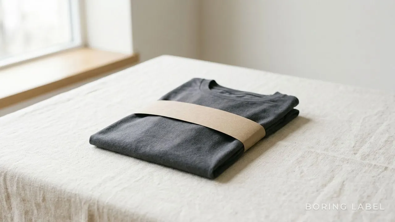 Neatly folded plain cotton t-shirt in soft charcoal grey on a cream surface with a simple unbranded paper band around it, calm natural side light, minimalist neutral palette, generous negative space, matte editorial still life, no text