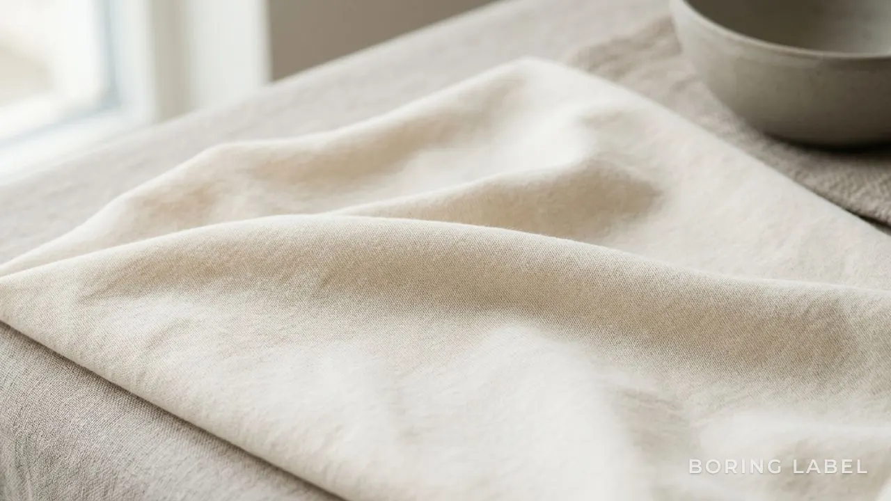 Close-up of natural combed cotton jersey fabric in a soft off-white tone, fine even knit catching gentle daylight, minimalist editorial still-life, no text