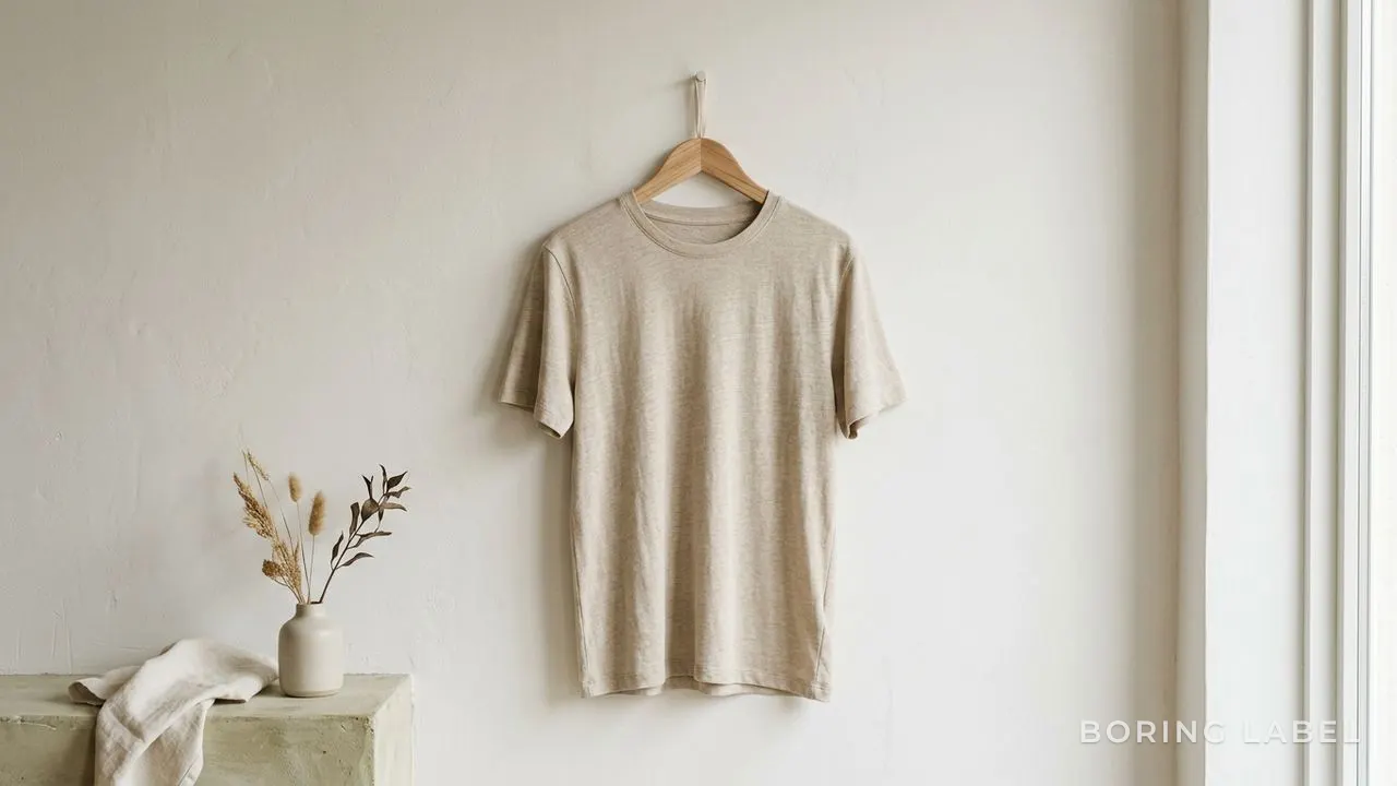 A relaxed plain tee draped on a wooden hanger with a clean crew neck and easy drape, neutral earthy palette, soft daylight, minimalist editorial still-life, no people