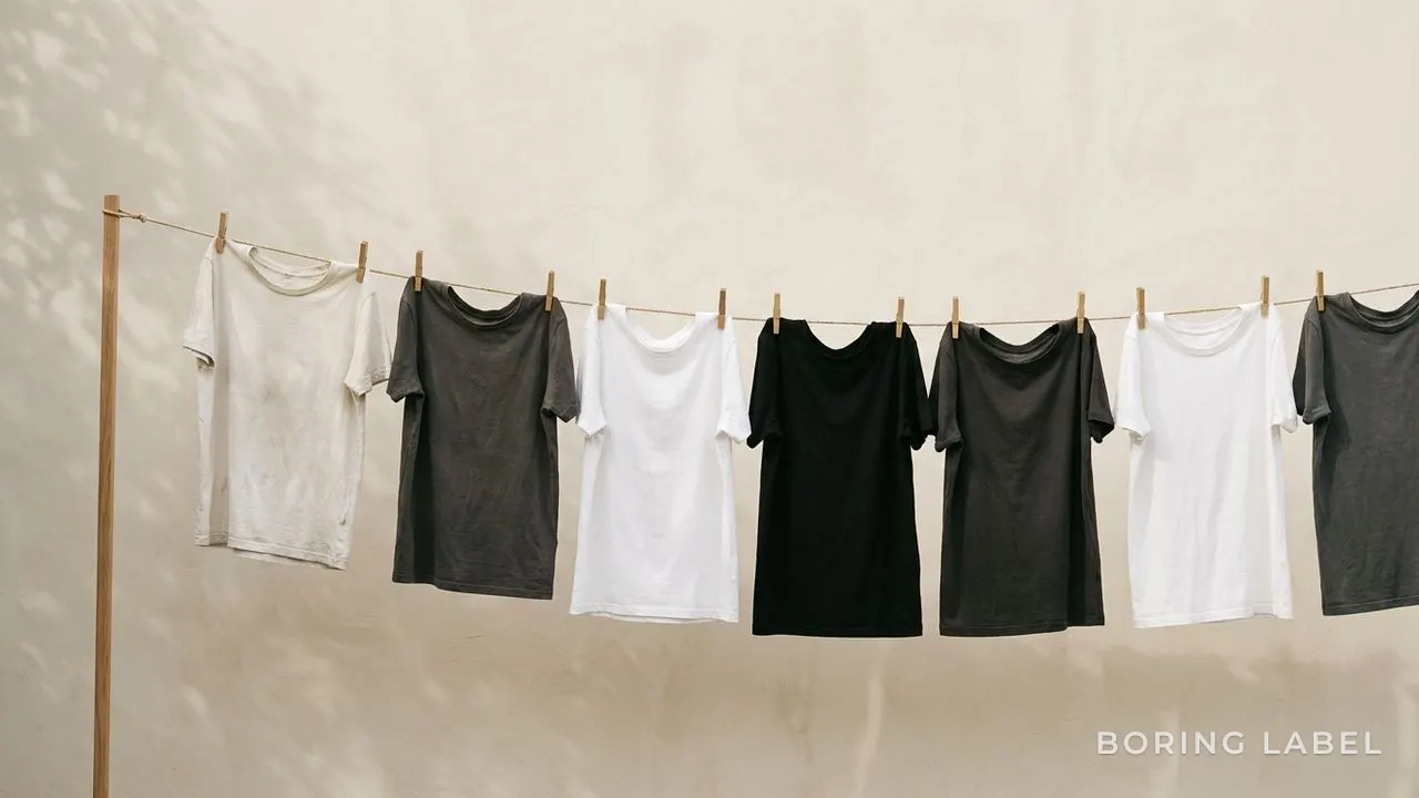 Plain white and dark tees drying on a line in soft shade against a calm neutral wall, warm daylight, minimalist editorial photography, no people, no text