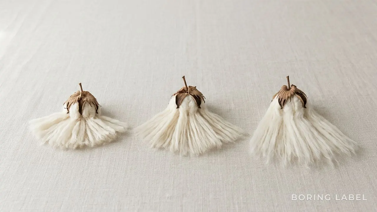Raw cotton bolls of three different staple lengths arranged in a row on a pale linen surface, fibres fanned out to show length differences, soft natural daylight, lots of negative space, minimalist editorial still life