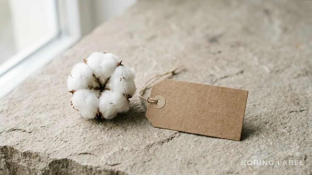 A single cotton boll resting beside a plain blank kraft swing tag on a neutral stone surface, soft directional daylight, quiet premium still life, neutral beige and cream palette, no text or logos, minimalist editorial composition